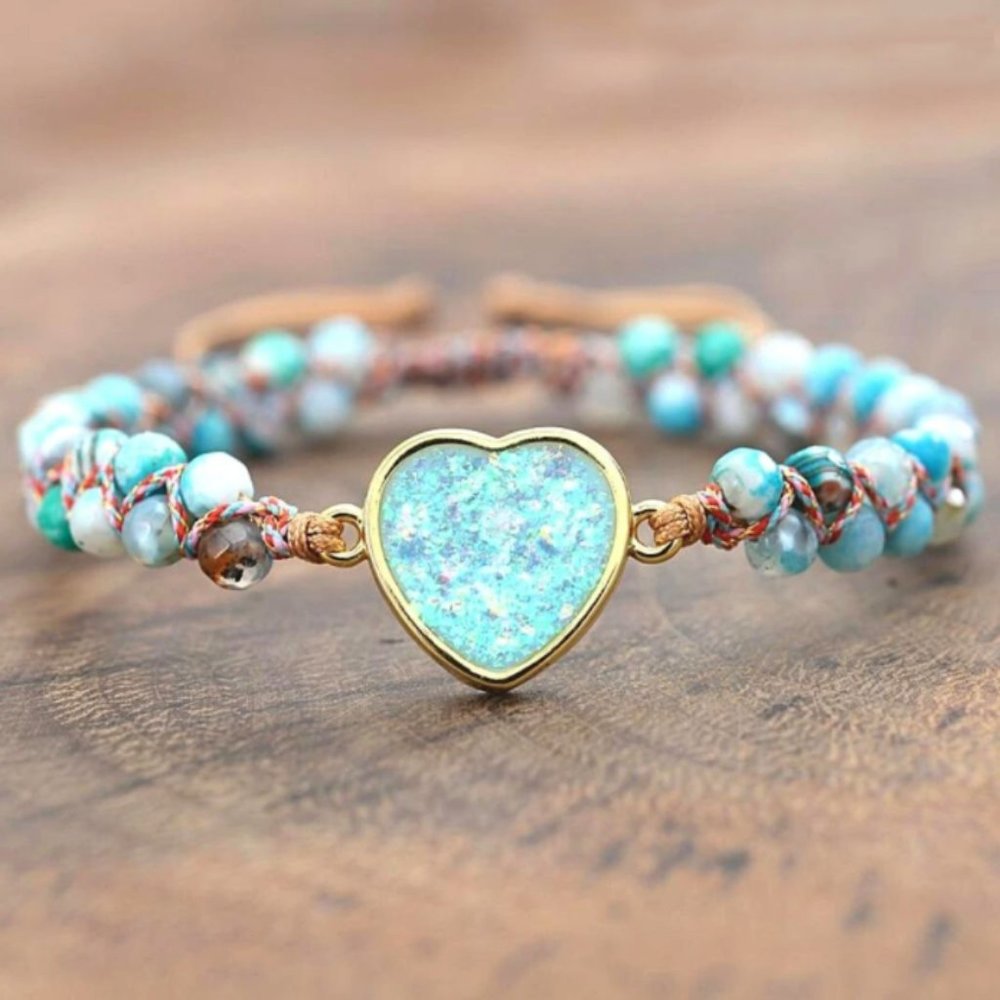 Handmade Braided Bracelet Opal Heart Charm 2 strands Gemstone Healing Bracelets
